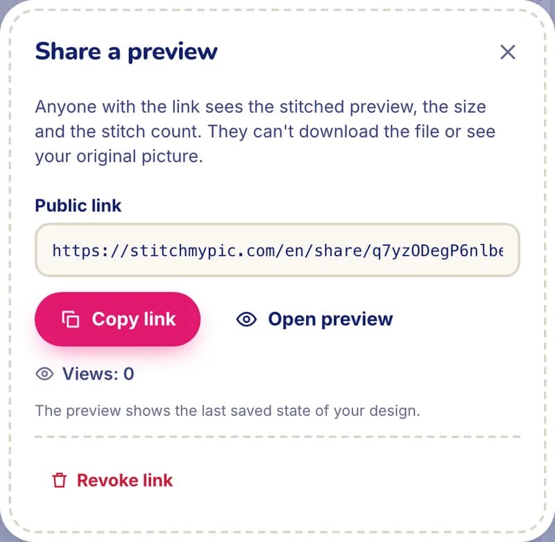 La finestra «Condividi un’anteprima» con un link pubblico, i pulsanti copia e apri, un contatore di visualizzazioni e l'opzione per revocarlo