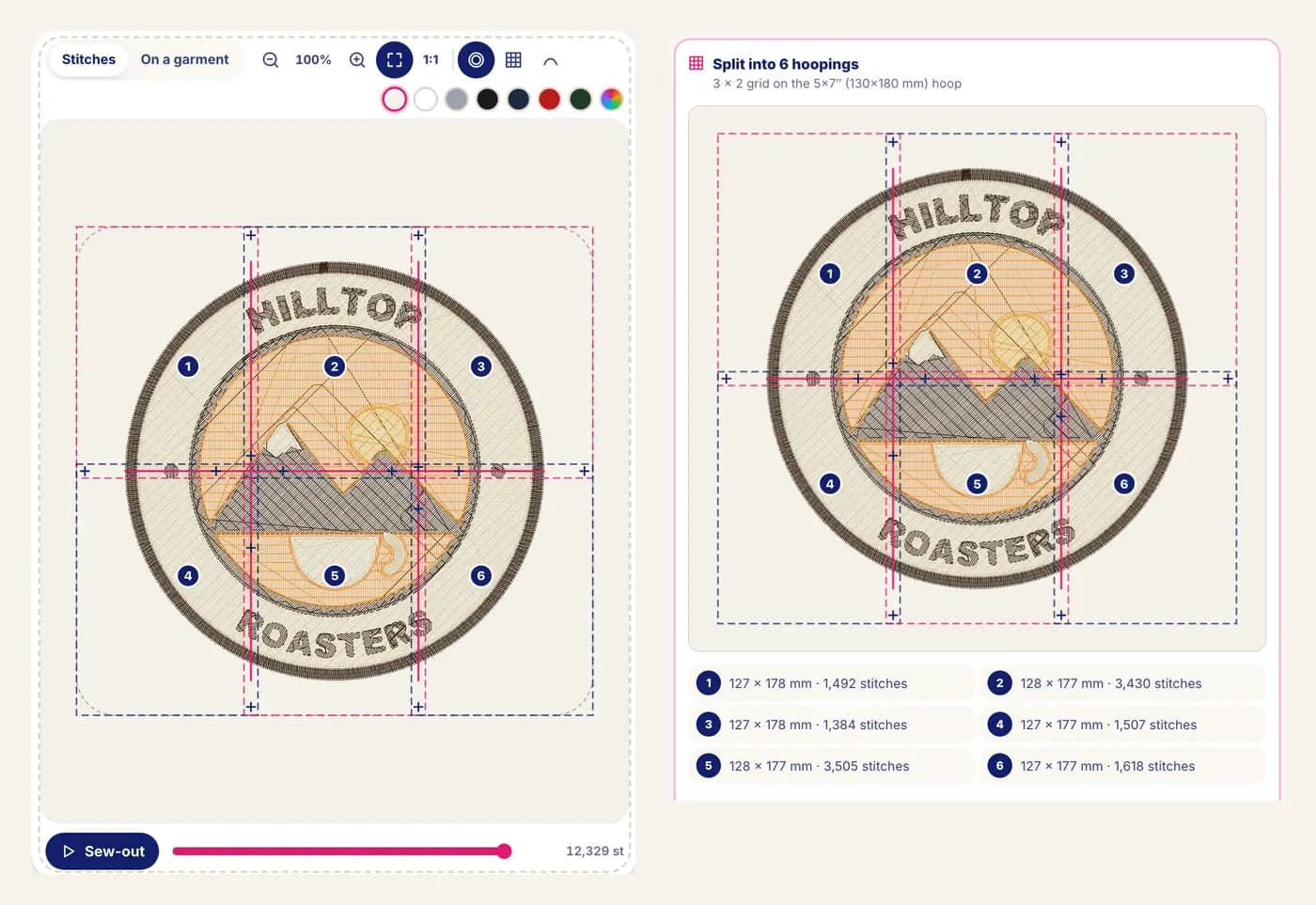 L'editor di StitchMyPic che divide un grande badge da caffè in sei intelaiature: una griglia 3 × 2 numerata con croci di riferimento sopra l'anteprima dei punti, e il pannello di divisione con misura e numero di punti di ogni parte