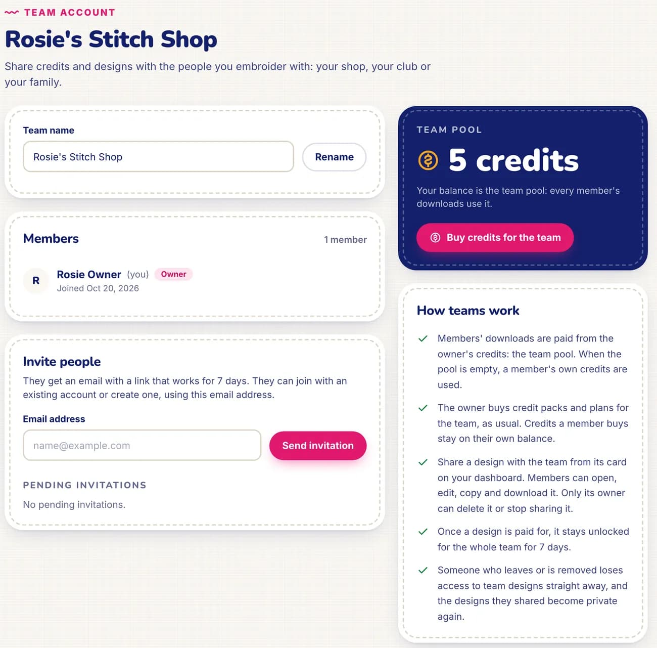 La pagina team di StitchMyPic per un laboratorio: nome del team, membri, il modulo di invito, il saldo del fondo del team e la lista «Come funzionano i team»