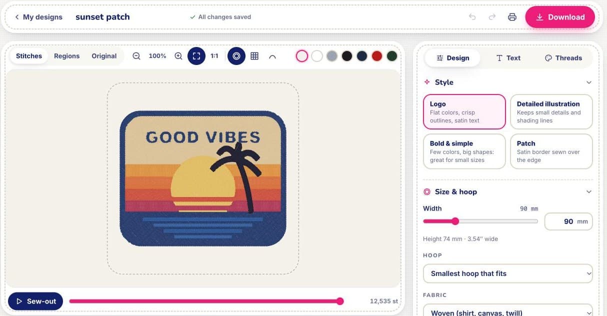 Der StitchMyPic-Editor mit einem gestickten Patch