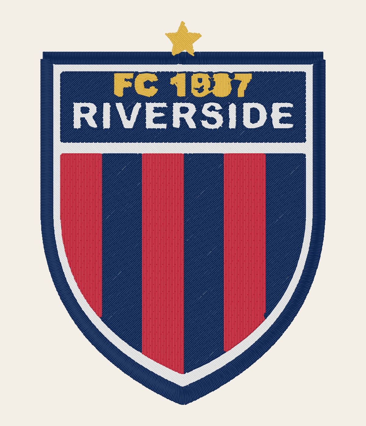 Stitch preview of a football club crest with satin lettering and a striped fill