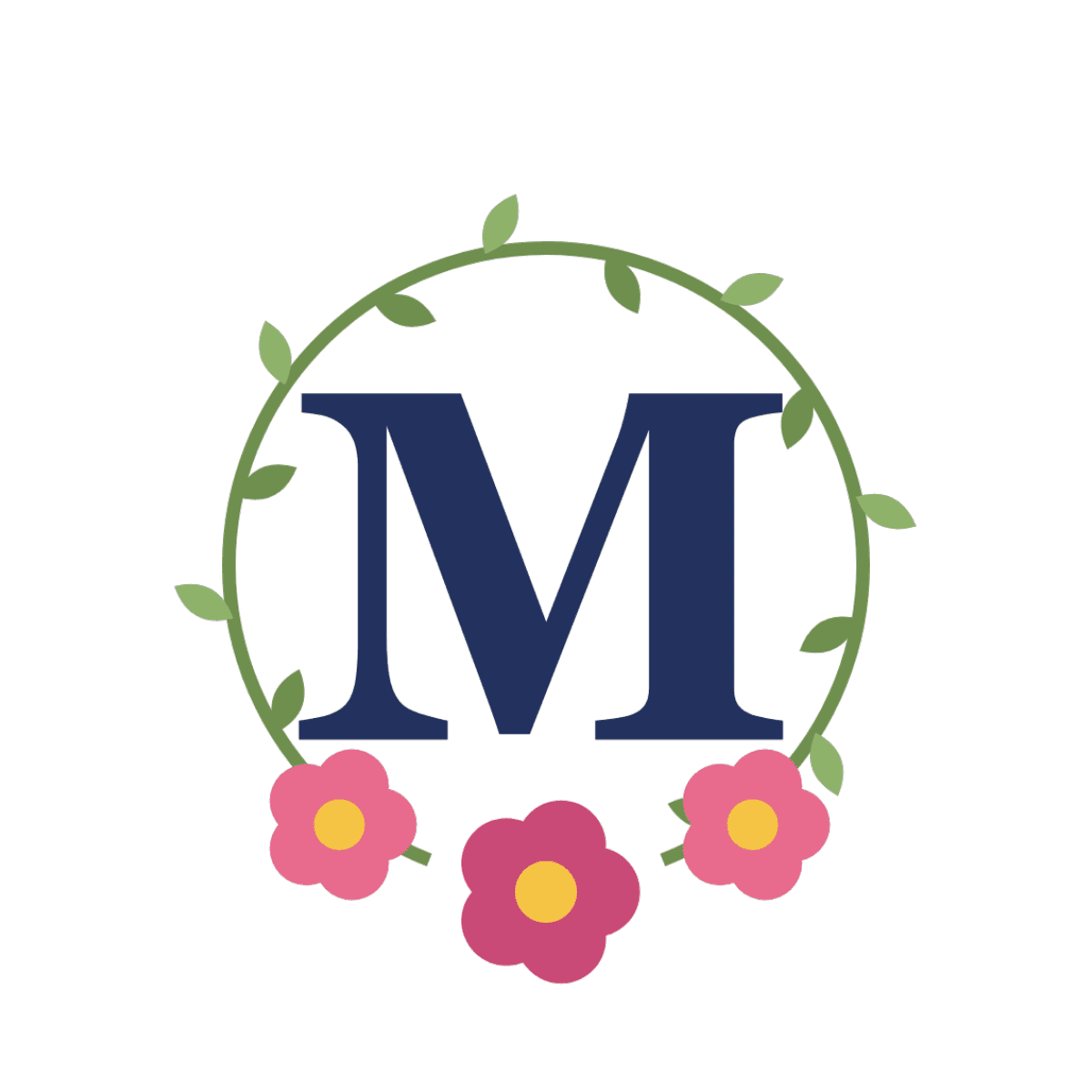 Marineblaues Monogramm „M“ in einem Blätterkranz mit rosa Blüten – Dein Bild