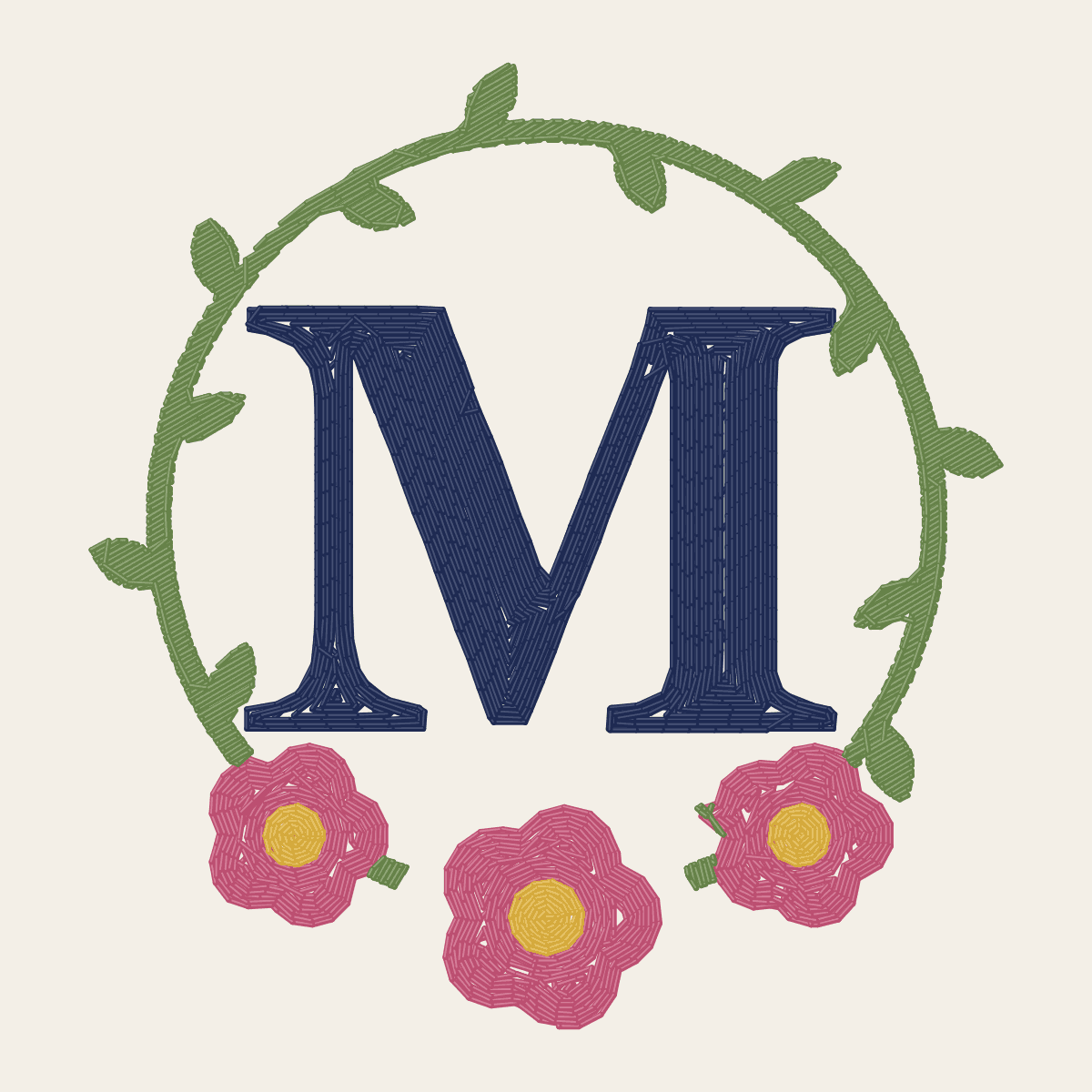 Stitch preview of a letter M monogram framed by a vine wreath and pink flowers