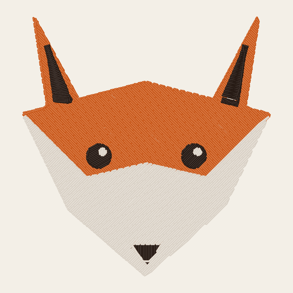 Stitch preview of a geometric fox mascot in orange and cream fill stitches