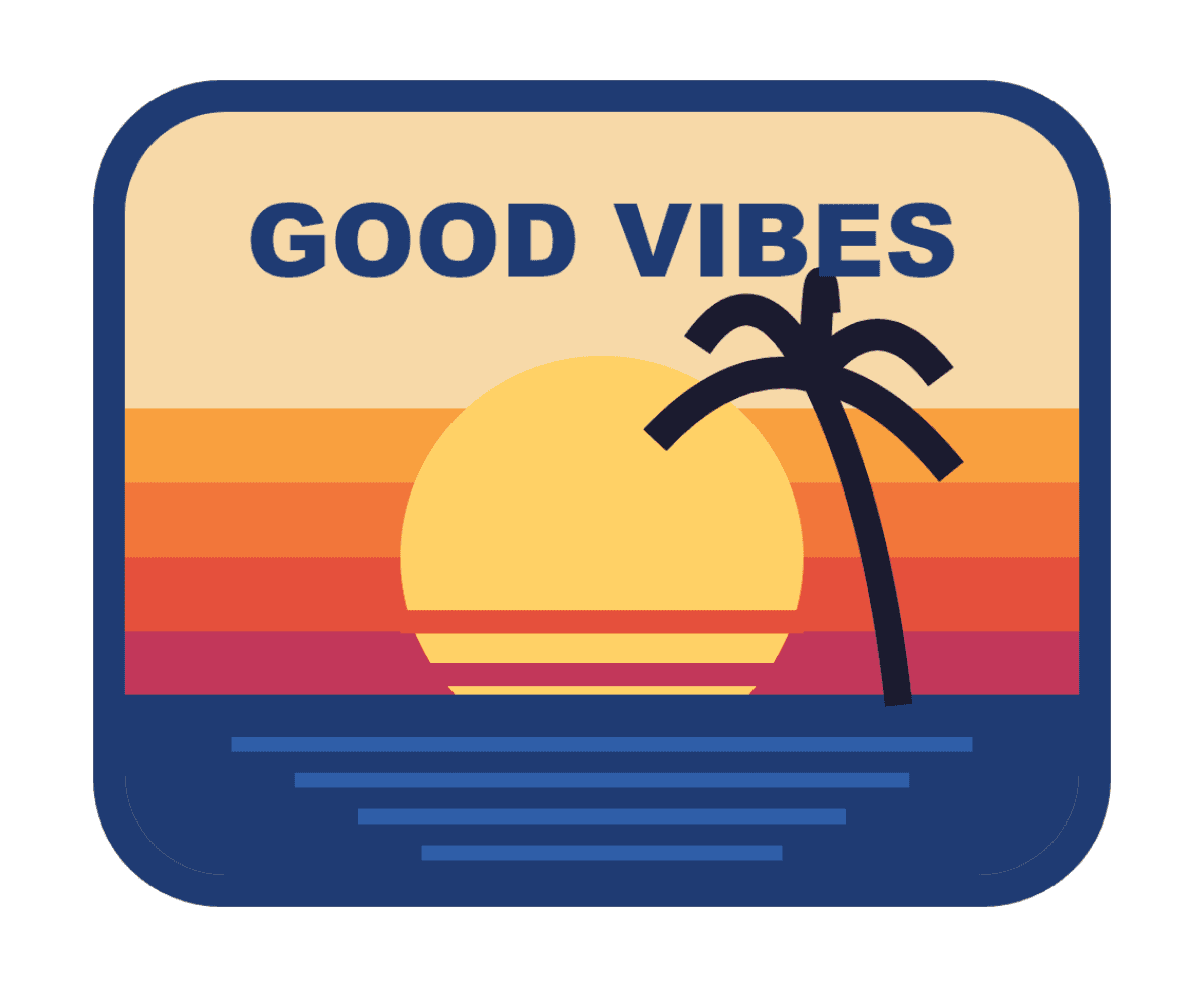Retro-Patch „Good Vibes“ mit gestreiftem Sonnenuntergang und Palme – Dein WEBP