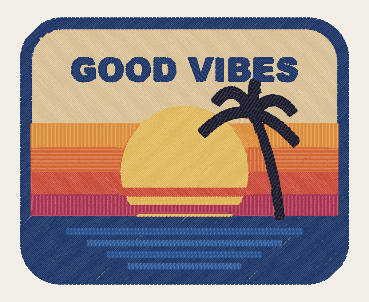 Stitch preview of a rounded sunset patch with the words Good Vibes